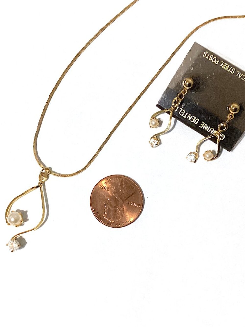 Vintage Jewelry Set, Necklace & Earrings, Gold Tone Pearl CZ Retro